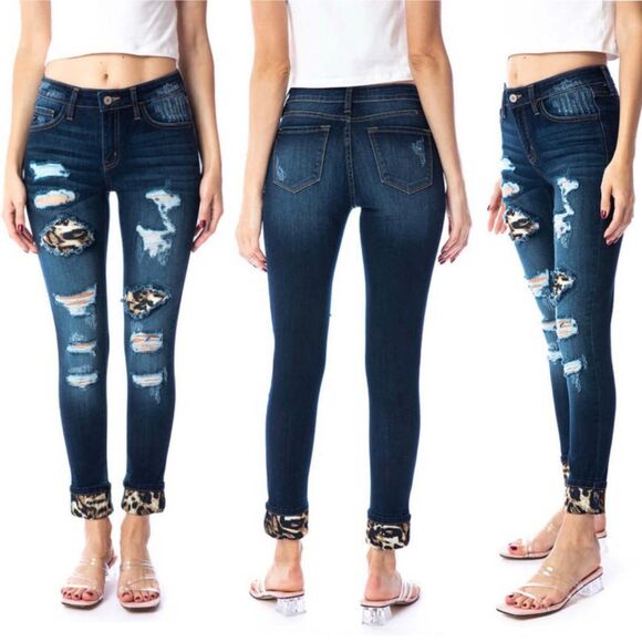 KanCan Skinny Jeans Animal Print Patch Distressed Blue 25 - Picture 1 of 10